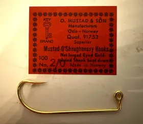 Mustad 91753 Vintage O. And Son Fish Hooks 100 Eyed Gold Plated Size 2/0 Shank Bent Down