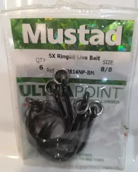 Mustad R10814npbn-50 6 Pack R10814npbn-80 Ringed Hoodlum 5x Strong Live Bait Hooks Size 8/0 Mustad R10814npbn-50 6 Pack R10814npbn-80 Ringed Hoodlum 5x Strong Live Bait Hooks Size 8/0