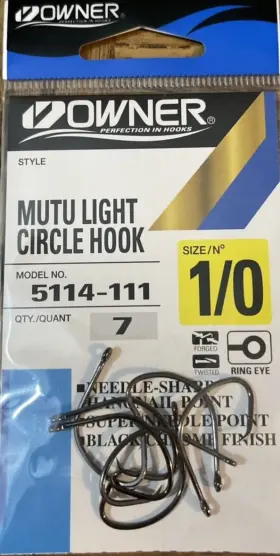 Owner 054831005437 Hooks Mutu Light Circle Hook Hangnail Point 1/0 7pk Black Chrome