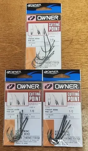Owner 5103-111 Lot Of 3. Straight Wide Gap Worm Hooks 5103-111. 6pk. 1/0 Owner 5103-111 Lot Of 3. Straight Wide Gap Worm Hooks 5103-111. 6pk. 1/0