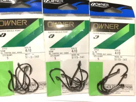 Owner 5115-141 3 Pks Sz 4/0 Ssw All Purpose Octopus Bait Black Needle Point Hooks #5115