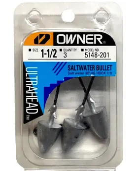 Owner 5148-201 Saltwater Bullet Size 1-1/2 Ultrahead 7/0 90 Jig Hook 3-count Pack
