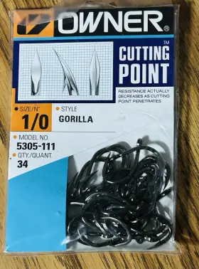 Owner 5305-111 Gorilla Size 1/0 Cutting Point Hooks Qty 34 Saltwater Owner 5305-111 Gorilla Size 1/0 Cutting Point Hooks Qty 34 Saltwater