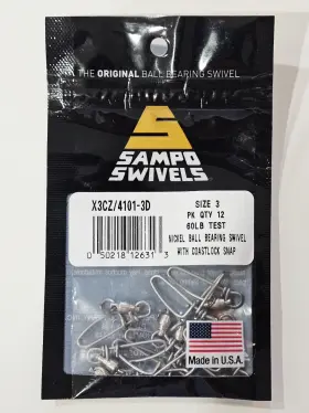 Sampo 4101-3d Size 3 Swivels Ball Bearing Swivel Coastlock Snap 60lb Nickel 12 Count Sampo 4101-3d Size 3 Swivels Ball Bearing Swivel Coastlock Snap 60lb Nickel 12 Count