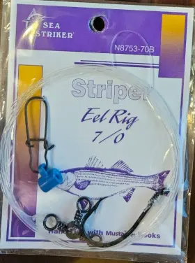 Sea Striker N8753-70b 5 Striped Bass Striper Eel Fishing Rigs 50# Mono 7/0 Mustad Hook