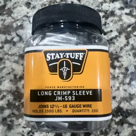 Stay-tuff Jm-593 Long Crimp Sleeve Jm-593. Joins 12 1/2-16 Gauge Wire Holds 1500lbs Stay-tuff Jm-593 Long Crimp Sleeve Jm-593. Joins 12 1/2-16 Gauge Wire Holds 1500lbs