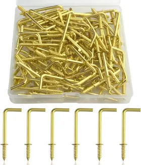 Tovot Tovot191029 100pcs 1.7 Inch Gold Copper Plated Right-angle Hooks Self-tapping Screw Hook L Shape