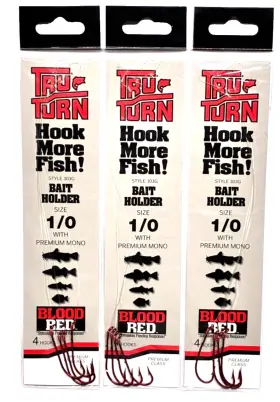 Tru-turn 303g-1/0 3 Packs 303g Snelled Size 1/0 Blood Red Bait Holder Hook 4 Count Pack Tru-turn 303g-1/0 3 Packs 303g Snelled Size 1/0 Blood Red Bait Holder Hook 4 Count Pack