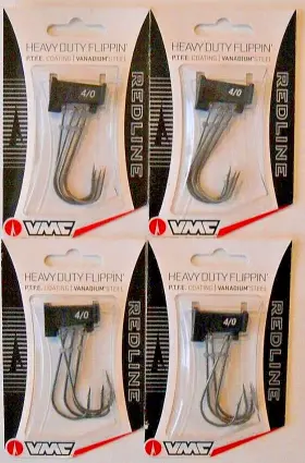 Vmc Rshdfl#4/0ntpp Lot Of 4 Red Line Series 4/0 Heavy Duty Flippinft Hooks With Per Pack