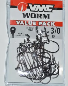 Vmc Wm#3/0bnvp Bass Plastic Worm Hook 3 Degree Offset Point Resin Closed Eye 3/0 Value Pack